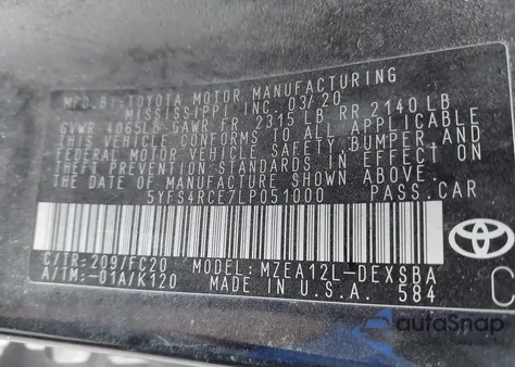 2020 Toyota Corolla Se Nightshade Edition из США, поврежденный, VIN 5YFS4RCE7LP051000